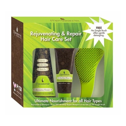 Plaukų priežiūros priemonių rinkinys Macadamia Rejuvenating & Repair Hair Care Set MAM5774 rinkinį sudaro: šampūnas 300 ml, kaukė 100 ml, šepetys